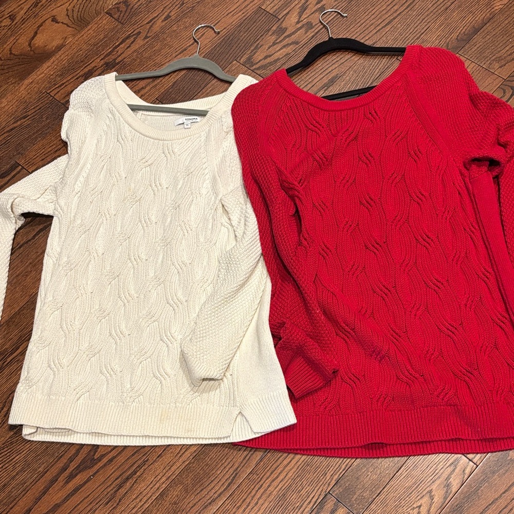 Elegant Cable Knit Sweater Set - Cream and Red